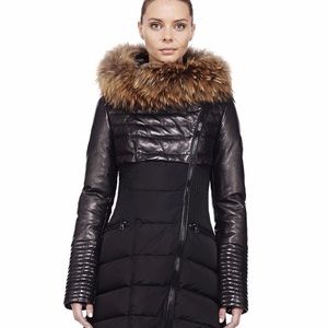 New Rudsak Silvia black leather down fur coat.